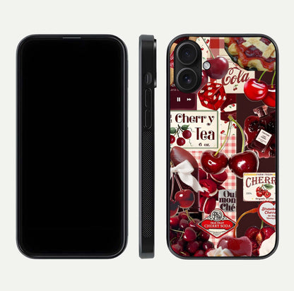 Aesthetic Cherry Tea Glass Case for iPhone 16 front and back view layout showing black front display and artistic cherry-themed glass back