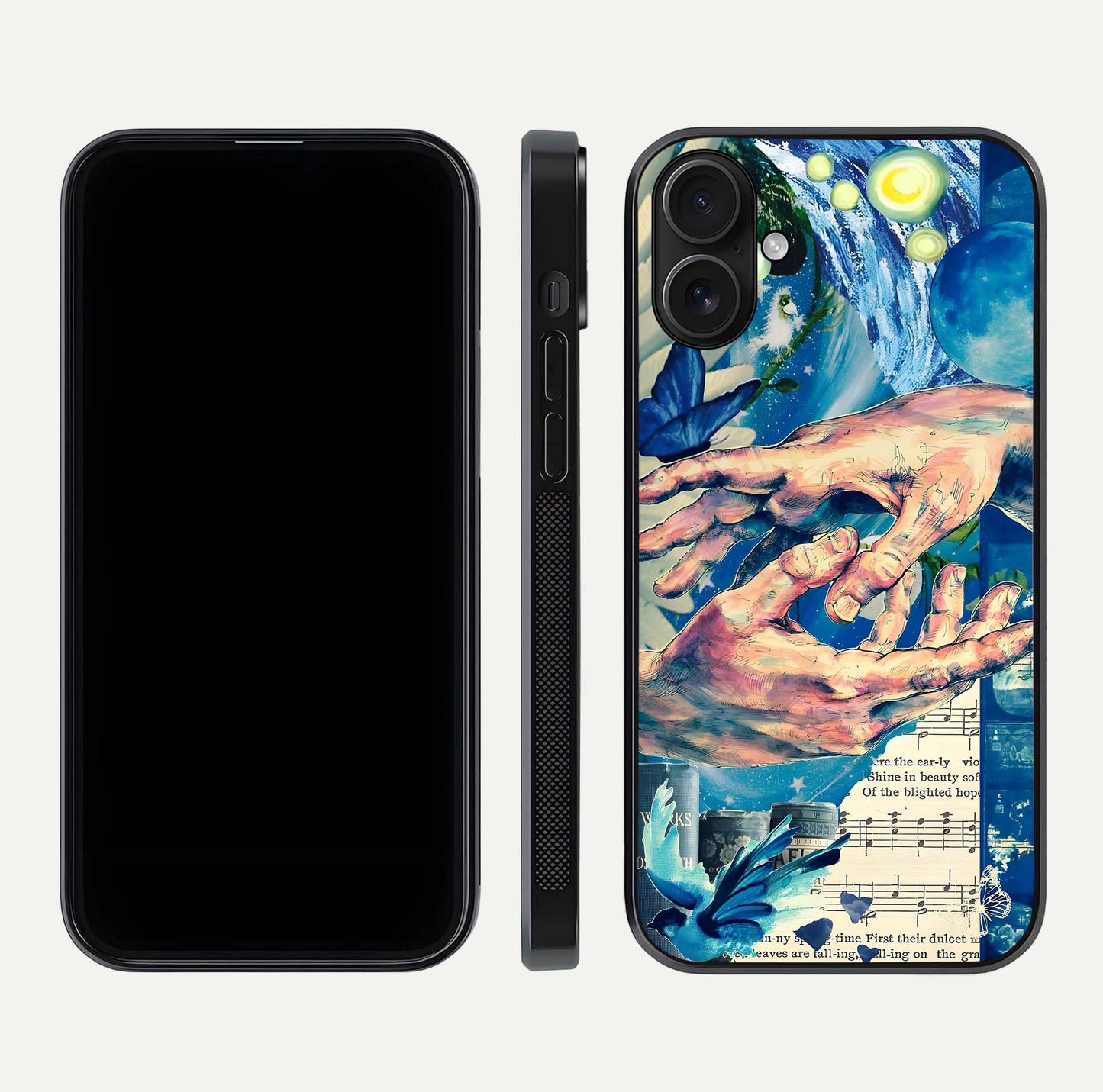 Aesthetic Divider Glass Case for iPhone 16 front and back view layout showing black front display and minimal divider glass back