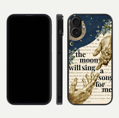 Aesthetic Divine Glass Case for iPhone 16 front and back view layout showing black front display and divine art glass back