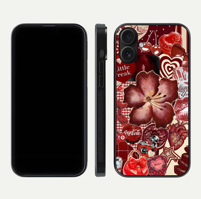 Aesthetic Little Freak Glass Case for iPhone 16 front and back view layout showing black front display and trendy collage glass back
