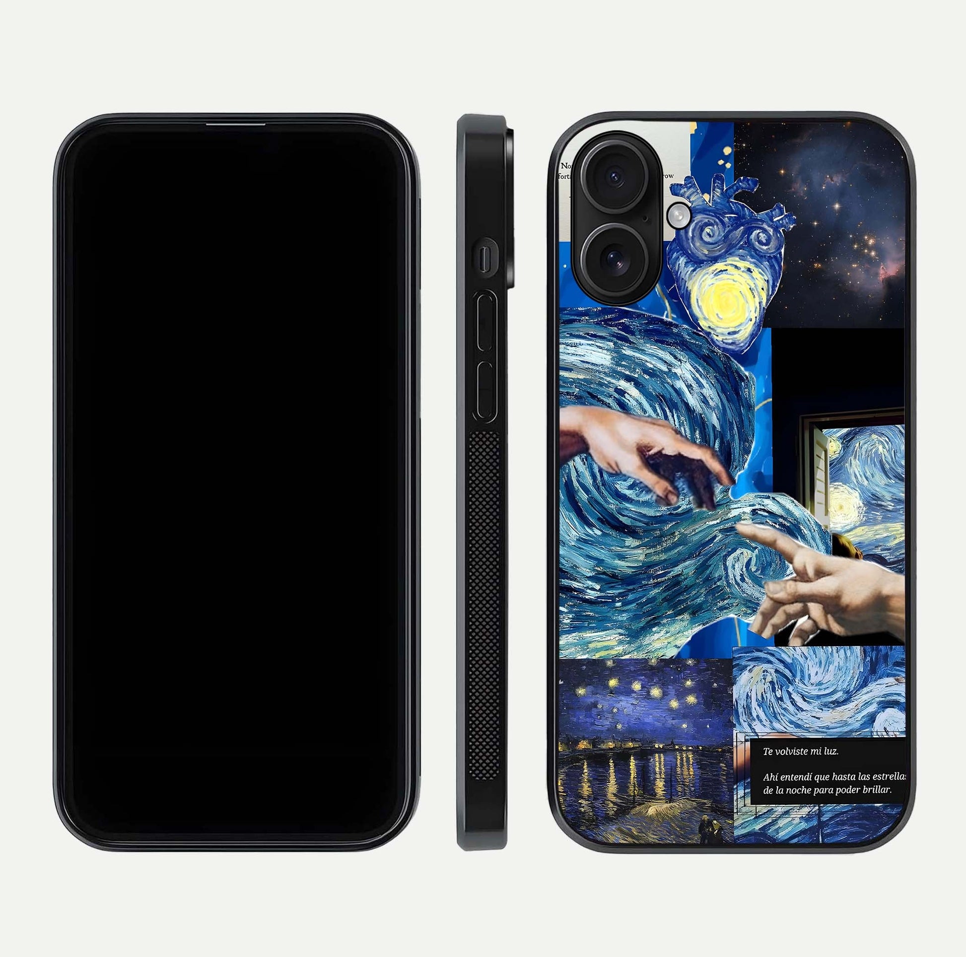 Aesthetic Vando Hands Glass Case for iPhone 16 front and back layout highlighting camera cutout and premium glass shine
