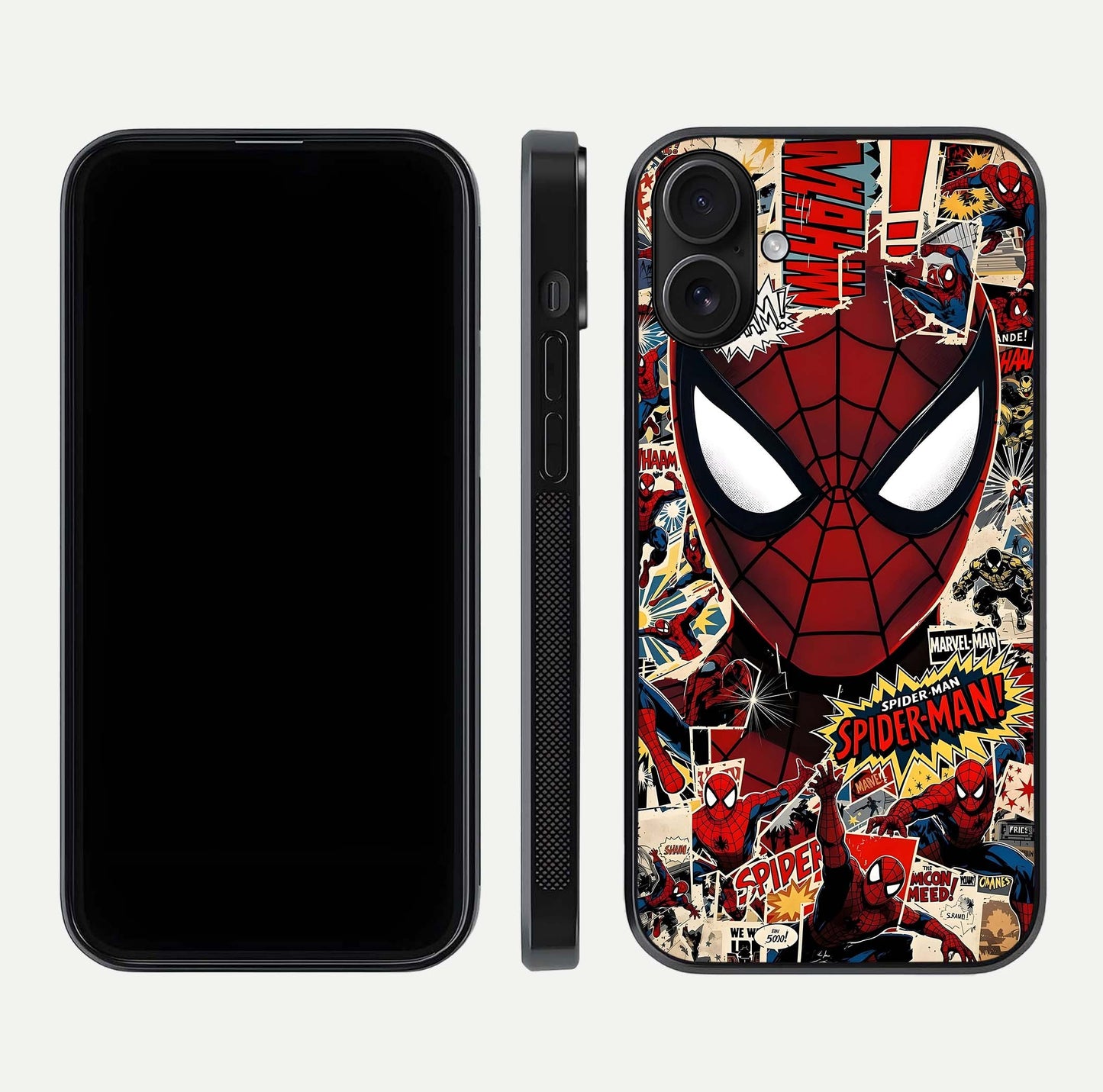 Aesthetic Wonder Spider Glass Case for iPhone 16 dual-view layout showing premium glass shine and strong edge design