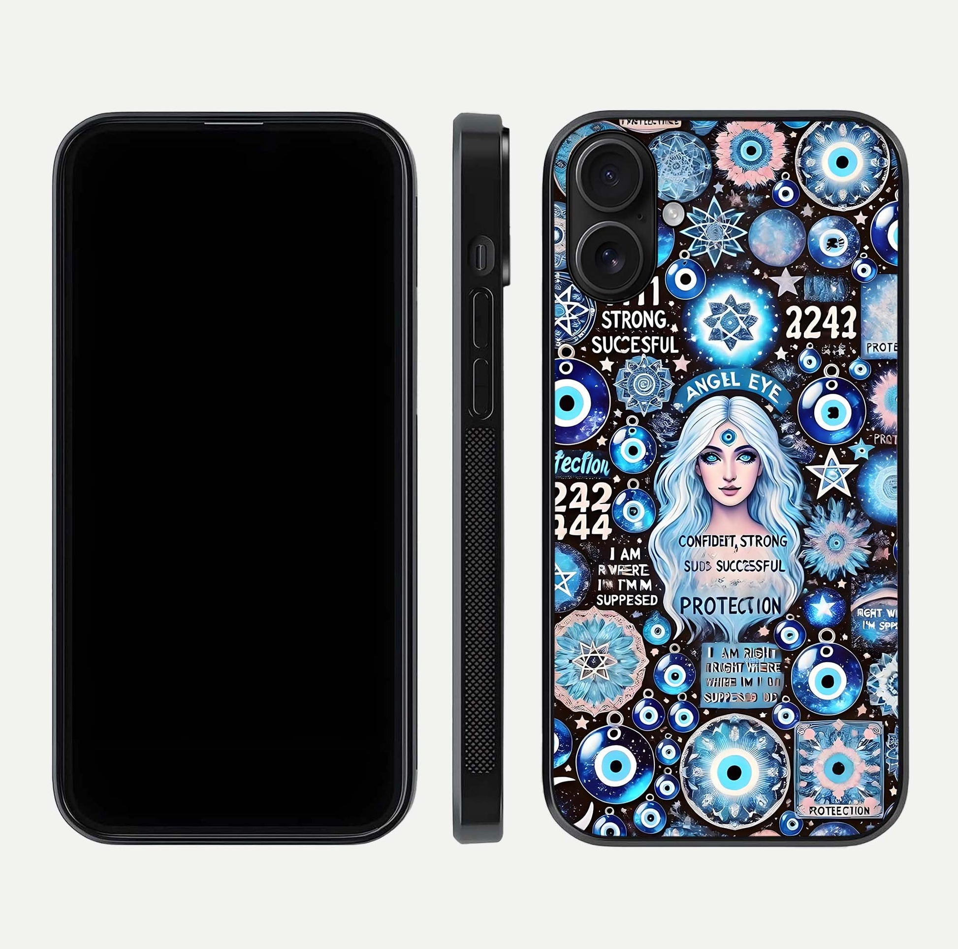 Angel Aura Shield Glass Case for iPhone 16 front and back display highlighting glass clarity and spiritual design