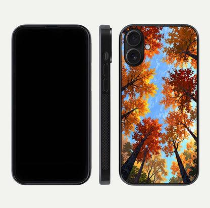 Autumn Sky Rise Glass Case for iPhone 16 front and back layout showing sky print and edge smoothness