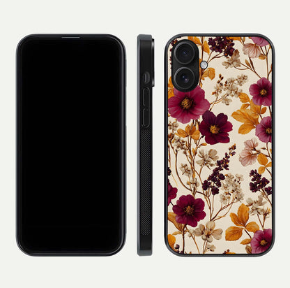 Autumn Wine Bloom Glass Case for iPhone 16 front and back layout showing autumn print and HD glass clarity