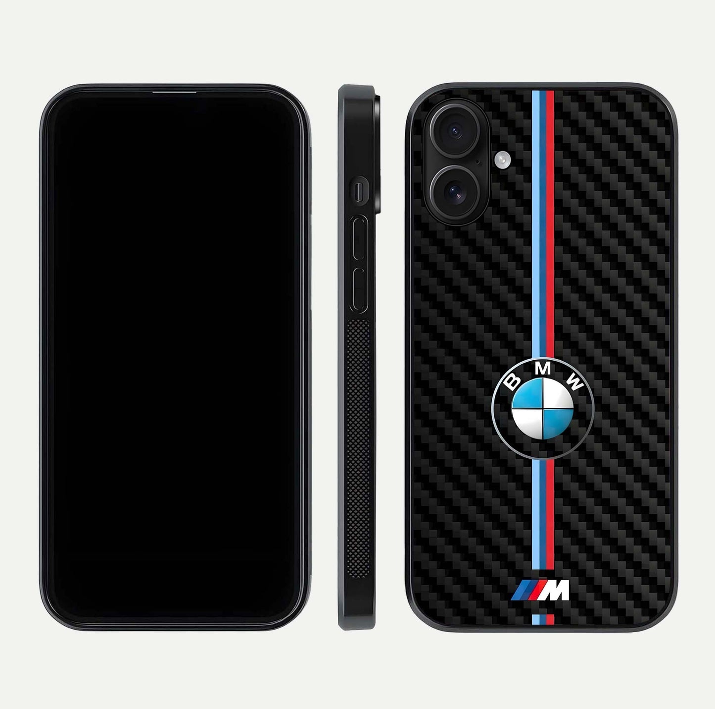 BMW Pattern Glass Case for iPhone 16 front-and-back layout displaying car-themed art and premium glass gloss