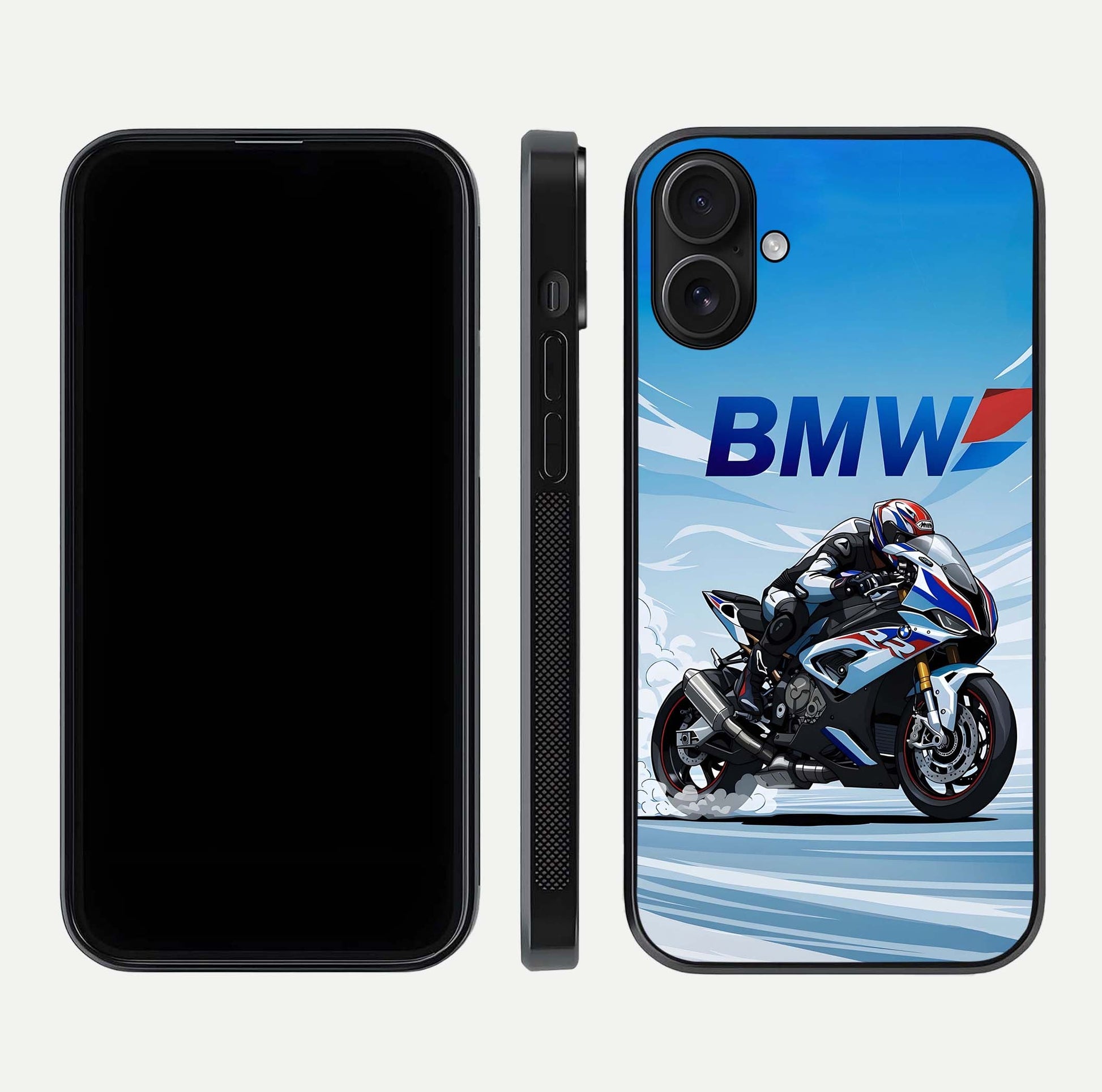 BMW Power Drift Glass Case for iPhone 16 dual-view layout showing energy pattern and edge clarity