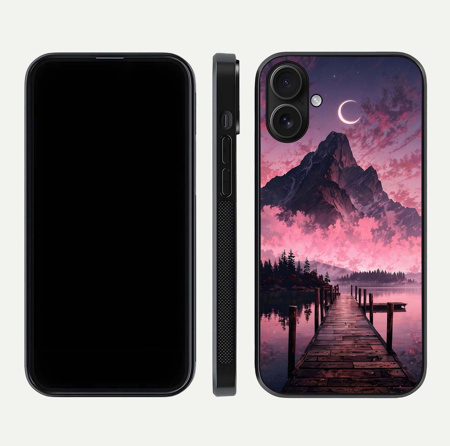 Beautyful Mountain View Glass Case for iPhone 16 front and back layout showcasing natural tones and clarity