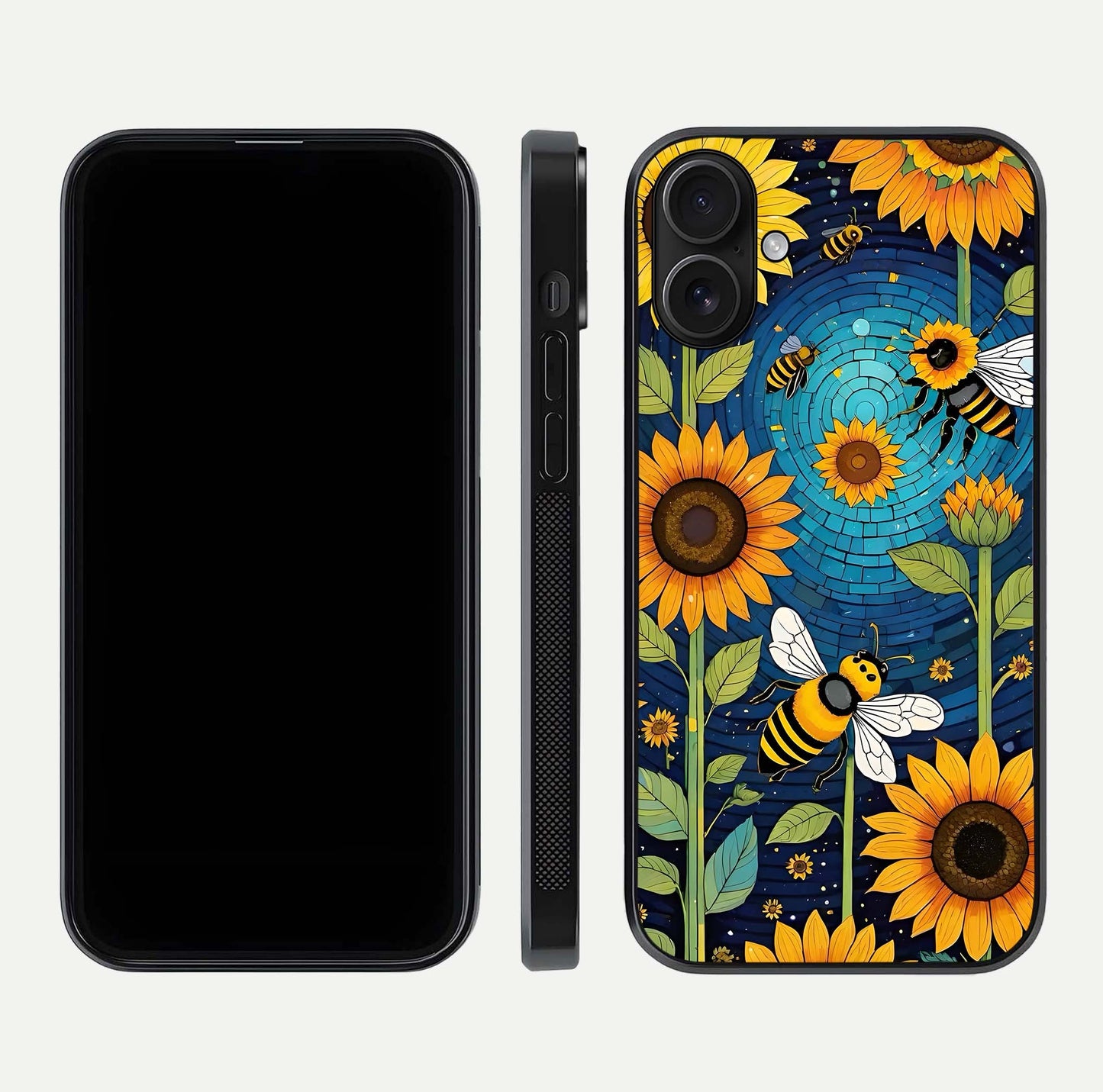 Bees & Sunflowers Glass Case for iPhone 16 front-and-back layout highlighting nature-inspired artwork and protective edge