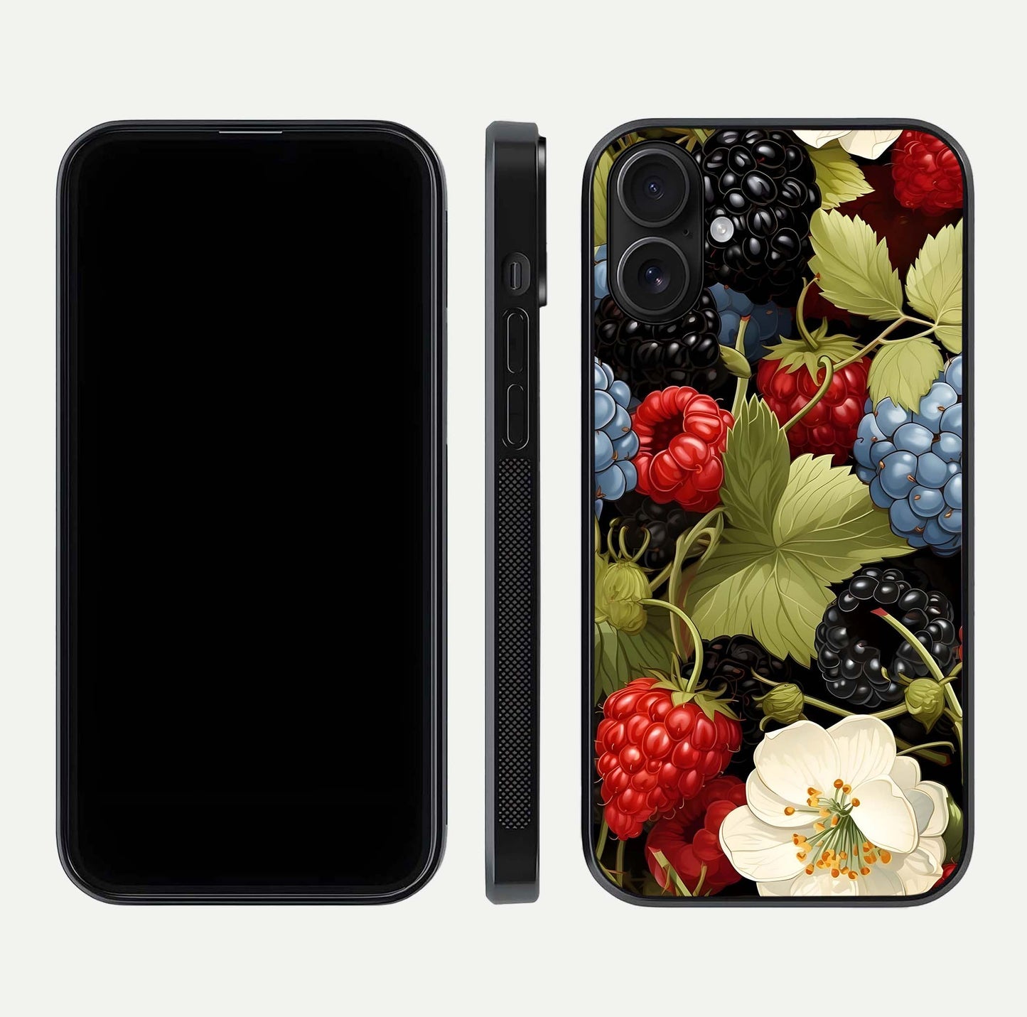 Berry Bloom Charm Glass Case for iPhone 16 front-and-back layout showing floral pattern continuity and smooth glass shine