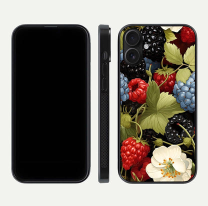 Berry Bloom Charm Glass Case for iPhone 16 front-and-back layout showing floral pattern continuity and smooth glass shine