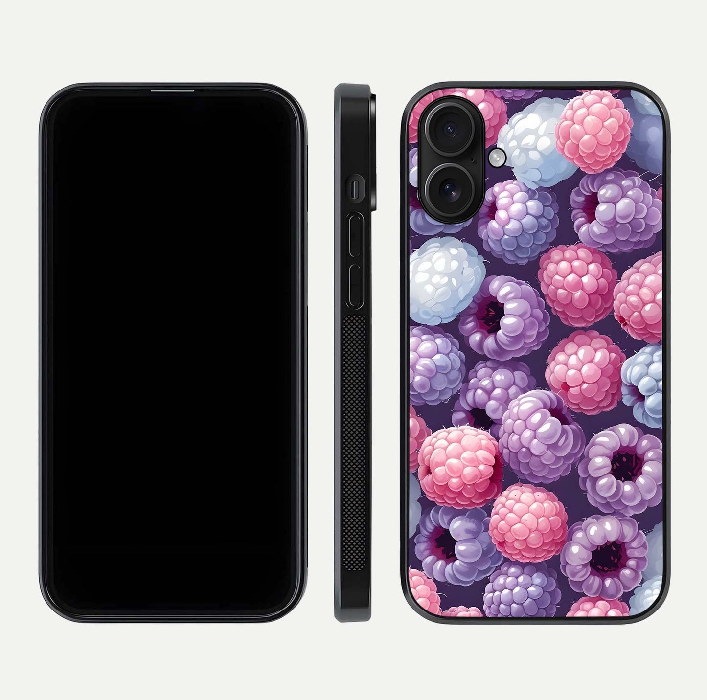 Berry Candy Pop Glass Case for iPhone 16 front-and-back layout showing colorful pattern and sleek protective frame