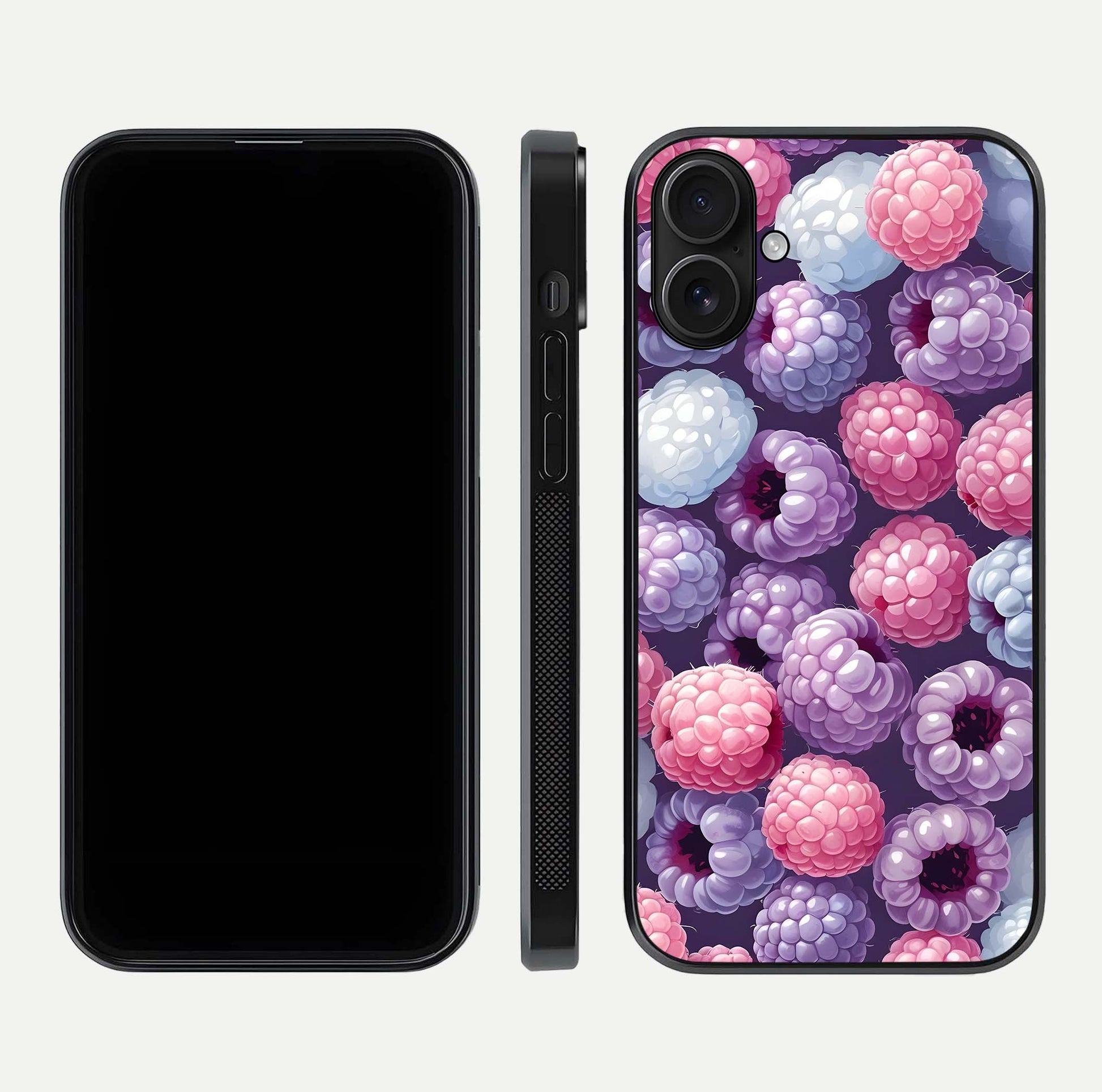Berry Candy Pop Glass Case for iPhone 16 front-and-back layout showing colorful pattern and sleek protective frame