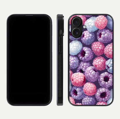 Berry Candy Pop Glass Case for iPhone 16 front-and-back layout showing colorful pattern and sleek protective frame