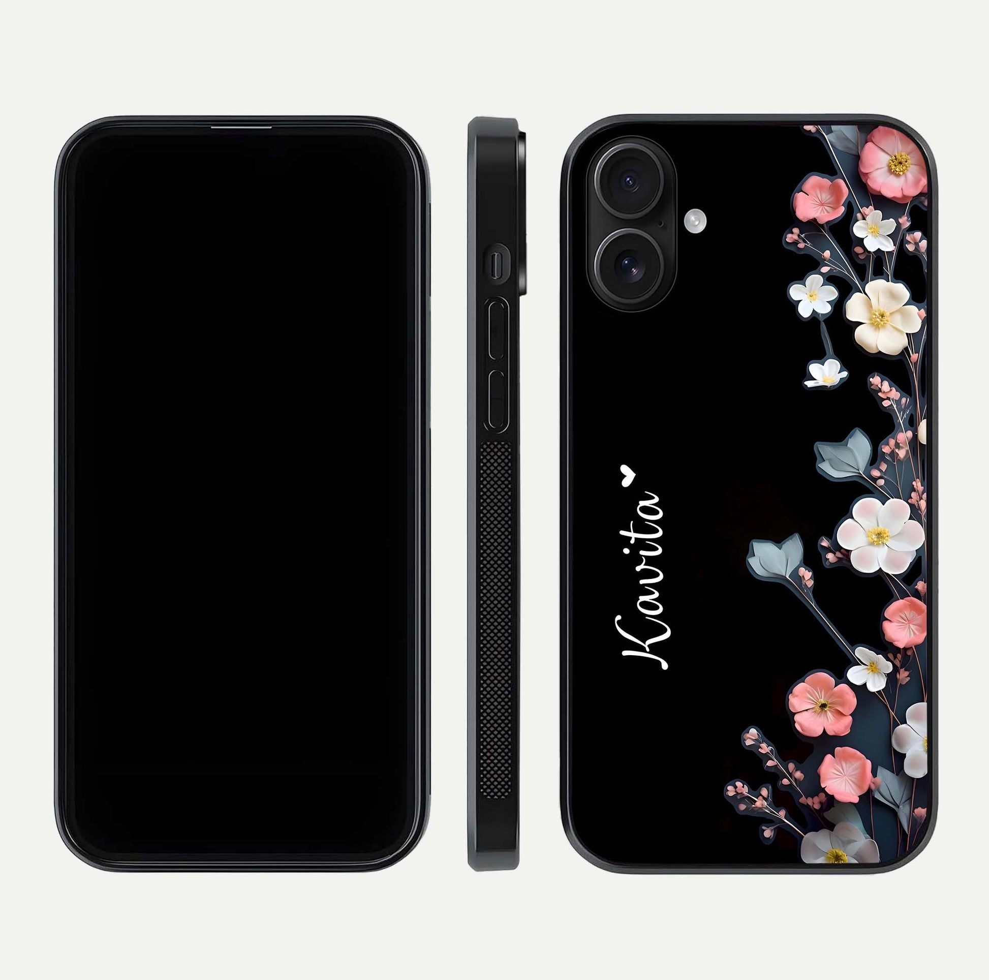 Black Elegance Floral Custom Name Glass Case for iPhone 16 dual-view layout displaying name placement and gloss finish