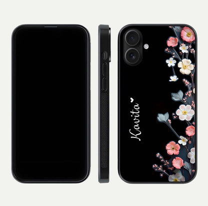 Black Elegance Floral Custom Name Glass Case for iPhone 16 dual-view layout displaying name placement and gloss finish