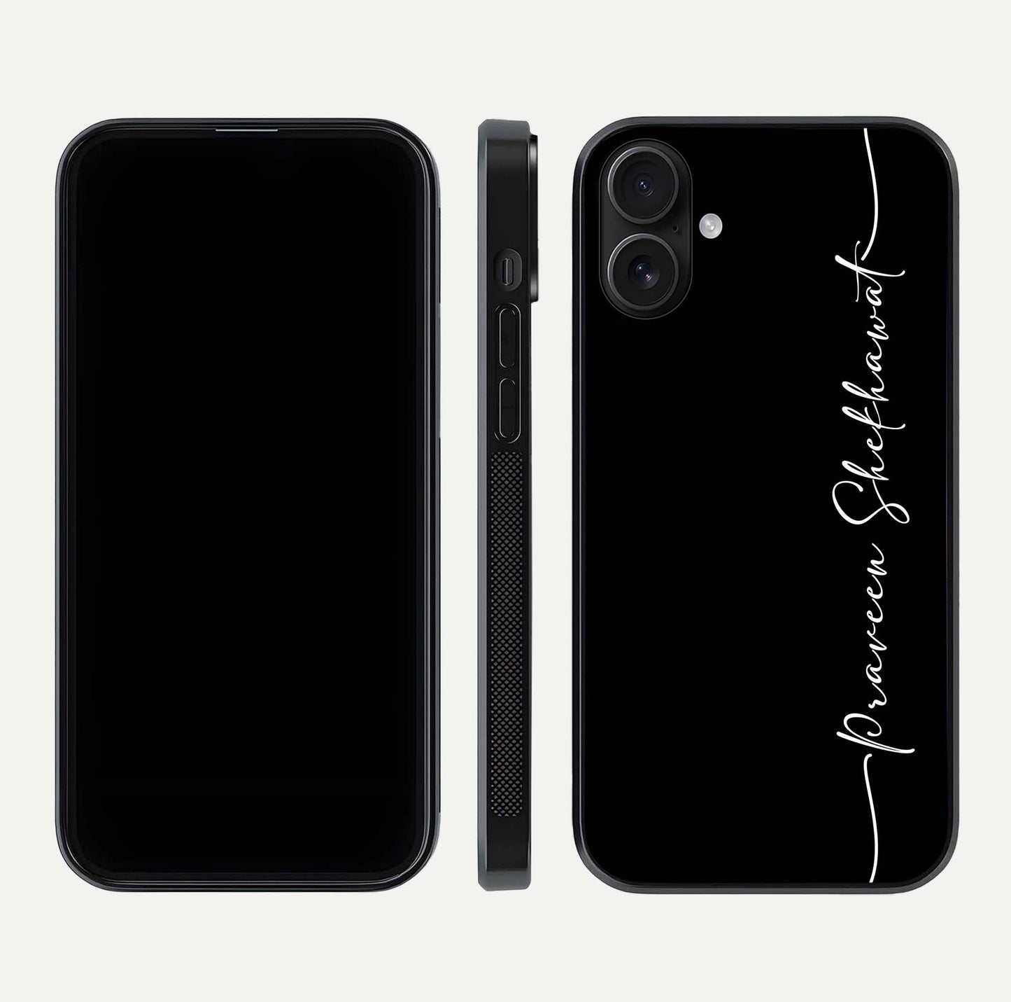 Black Tune Custom Name Glass Case for iPhone 16 front-and-back layout showing personalized name zone and edges