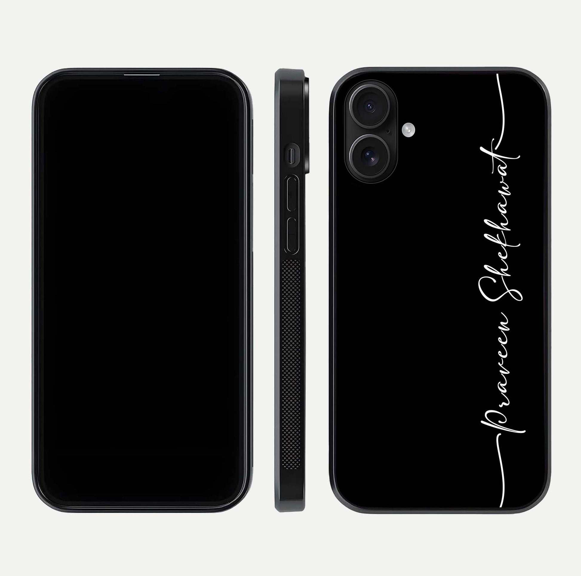 Black Tune Custom Name Glass Case for iPhone 16 front-and-back layout showing personalized name zone and edges