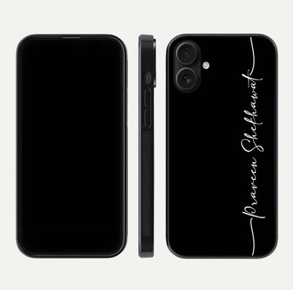 Black Tune Custom Name Glass Case for iPhone 16 front-and-back layout showing personalized name zone and edges