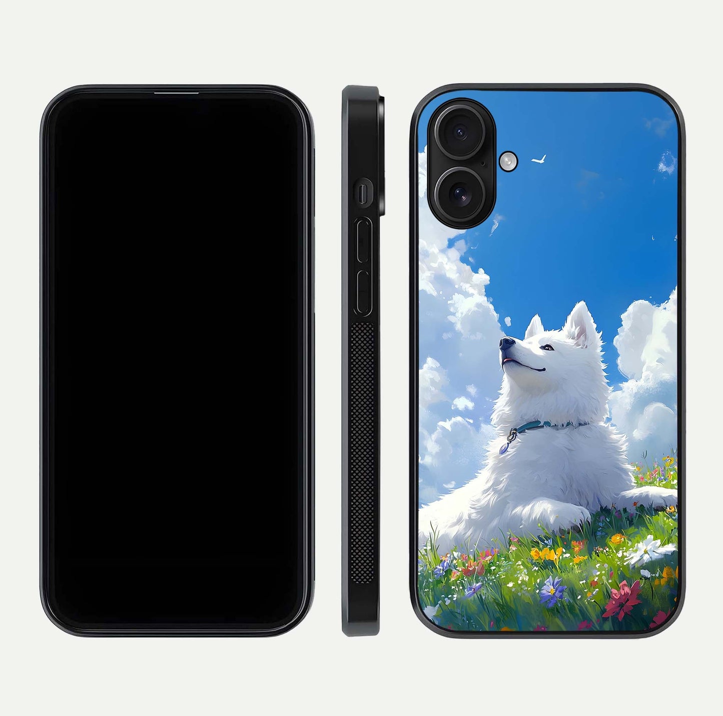 Blissful Cloud Pup Glass Case for iPhone 16 front-and-back layout showing art alignment and edge design