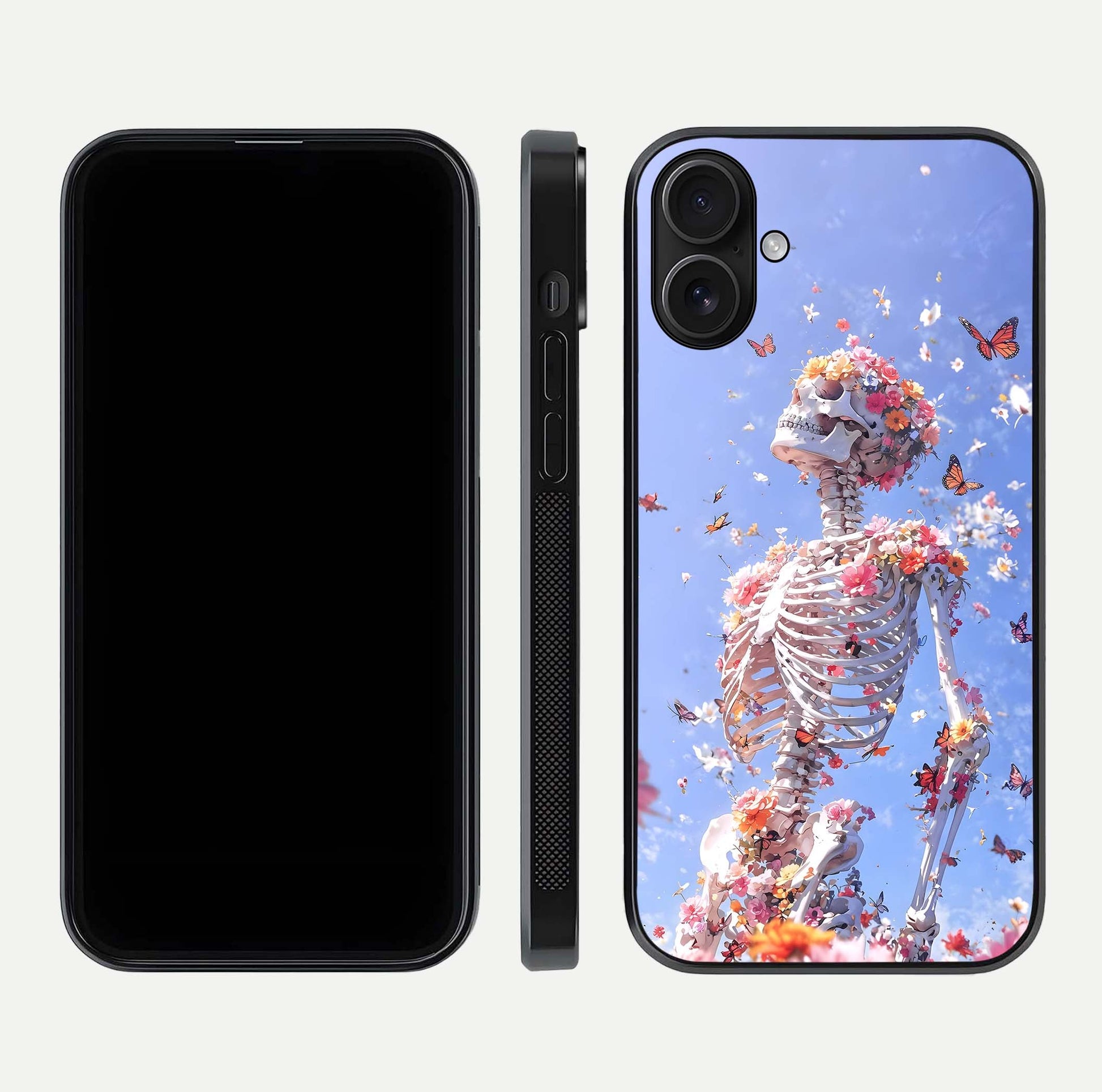 Bloom Beyond Bones Glass Case for iPhone 16 dual-view layout showing creative aesthetic and edge design