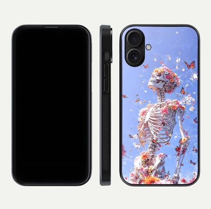 Bloom Beyond Bones Glass Case for iPhone 16 dual-view layout showing creative aesthetic and edge design