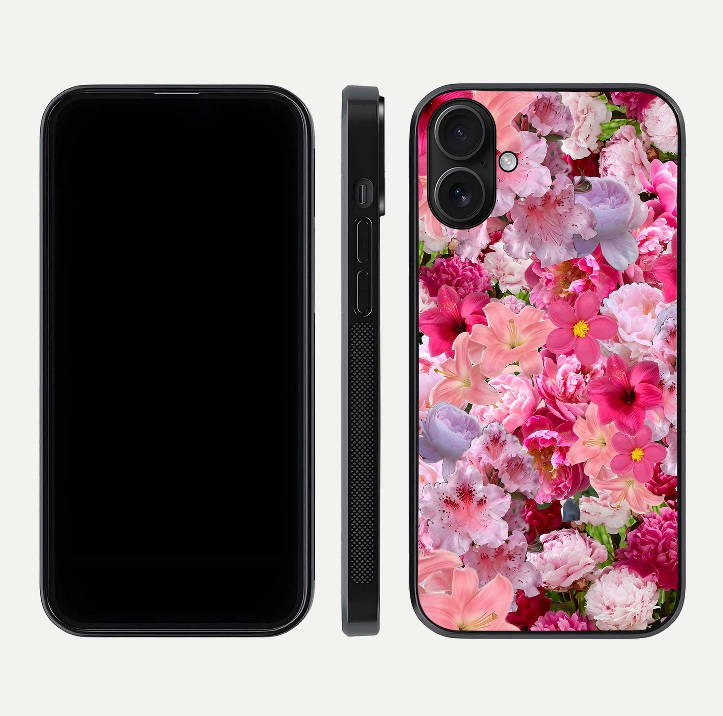 Bloom Crush Fantasy Glass Case for iPhone 16 dual-view layout highlighting edges and premium shine