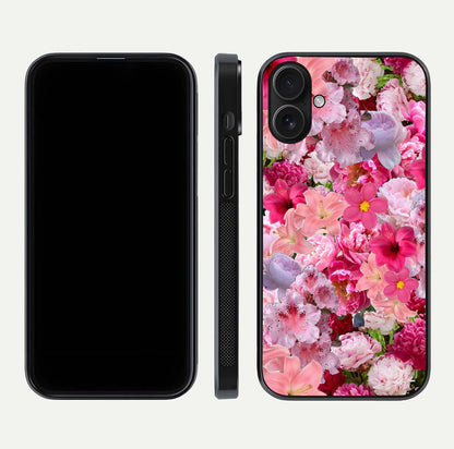Bloom Crush Fantasy Glass Case for iPhone 16 dual-view layout highlighting edges and premium shine