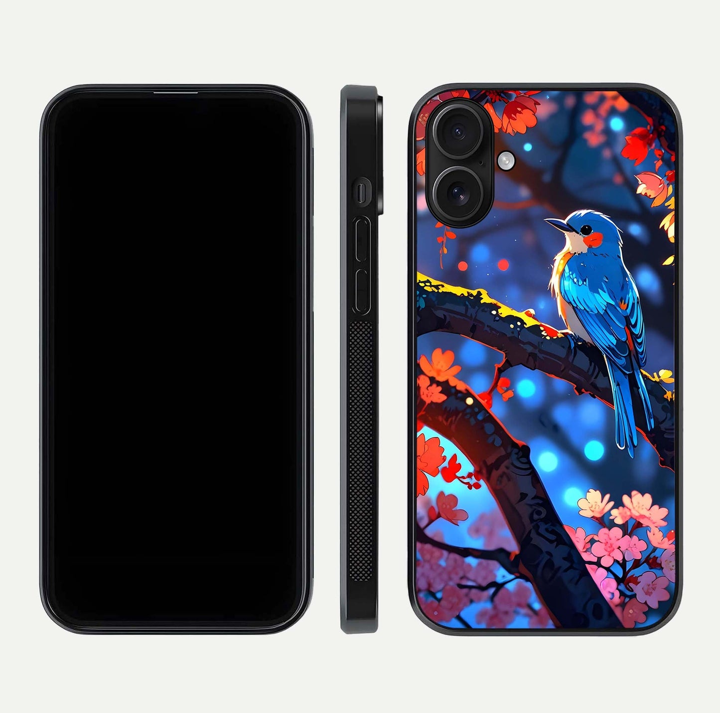 Blooming Spendor Bird Glass Case for iPhone 16 front-and-back view showing nature print and protective edge