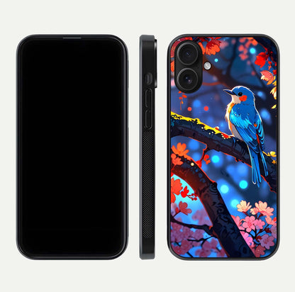 Blooming Spendor Bird Glass Case for iPhone 16 front-and-back view showing nature print and protective edge