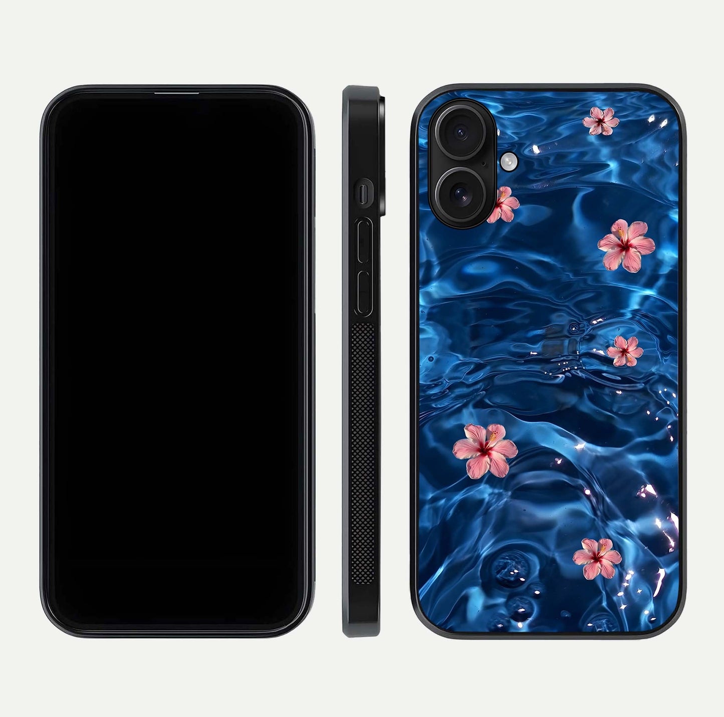 Blooming Water Drift Glass Case for iPhone 16 front-and-back layout highlighting edge design and serene water bloom art