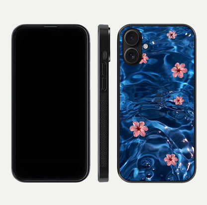 Blooming Water Drift Glass Case for iPhone 16 front-and-back layout highlighting edge design and serene water bloom art