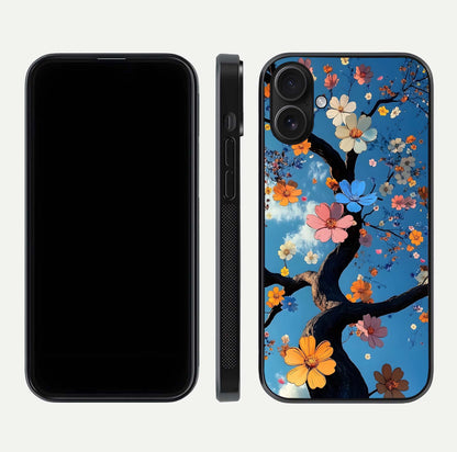 Blossom Dream Sky Glass Case for iPhone 16 front-and-back layout showing floral print and premium edge gloss