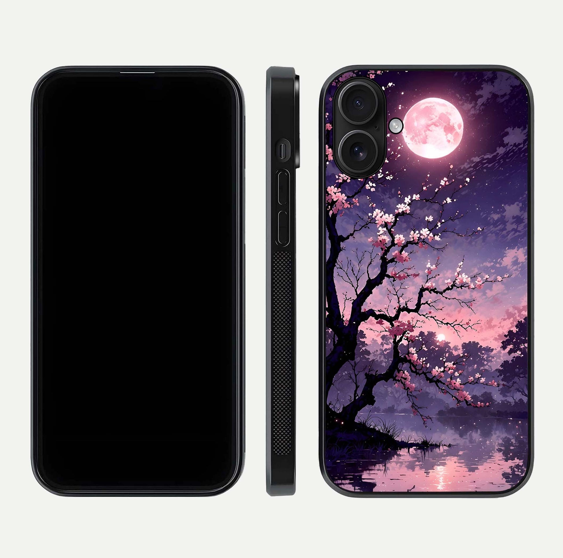 Blossom Pink Moon Glass Case for iPhone 16 front-and-back layout showing minimal edges and artistic flower print