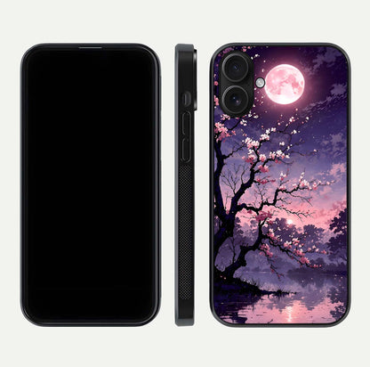Blossom Pink Moon Glass Case for iPhone 16 front-and-back layout showing minimal edges and artistic flower print