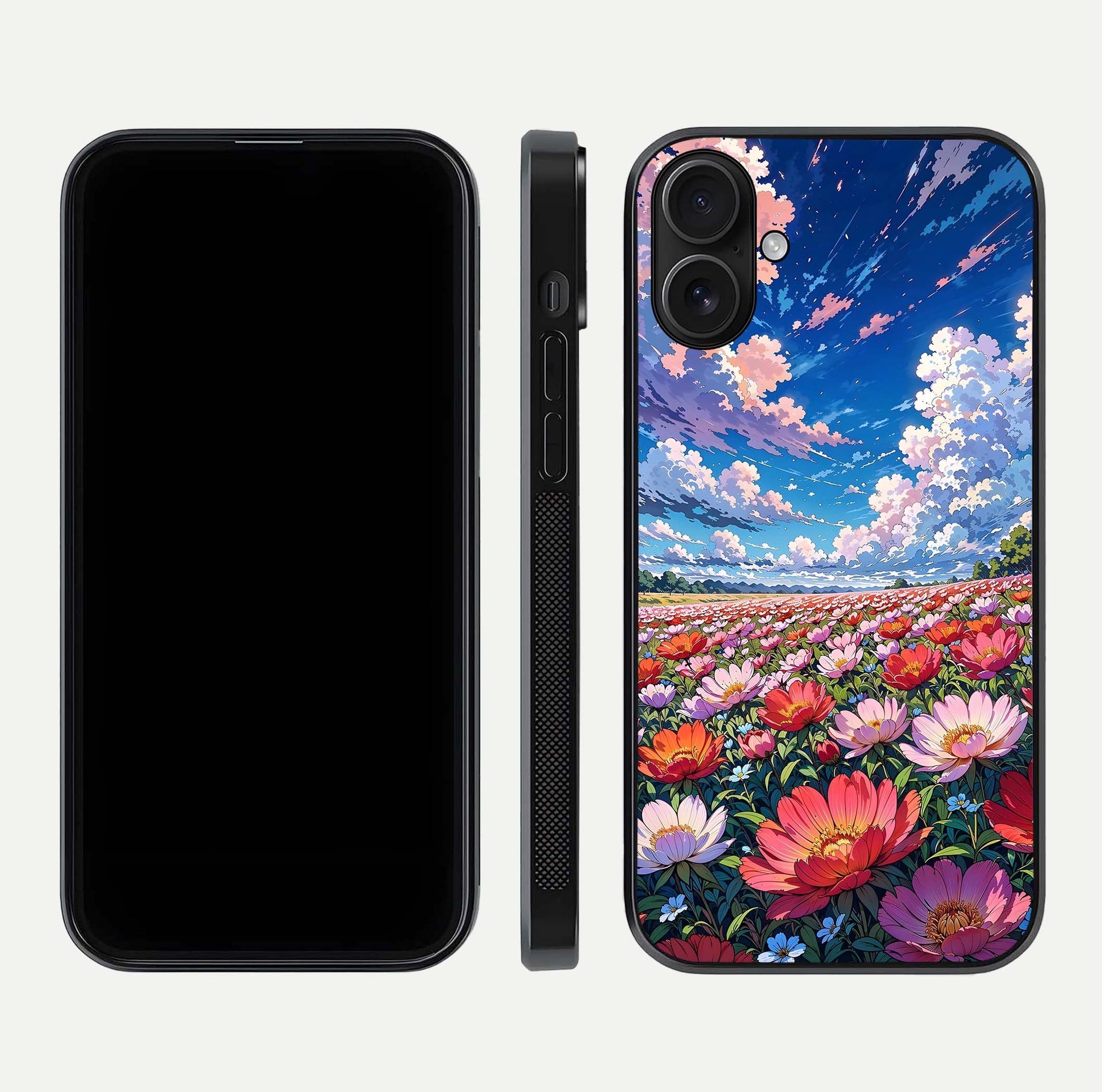 Blossom Sky Field Glass Case for iPhone 16 front-and-back layout highlighting design edges and gloss clarity