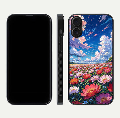 Blossom Sky Field Glass Case for iPhone 16 front-and-back layout highlighting design edges and gloss clarity