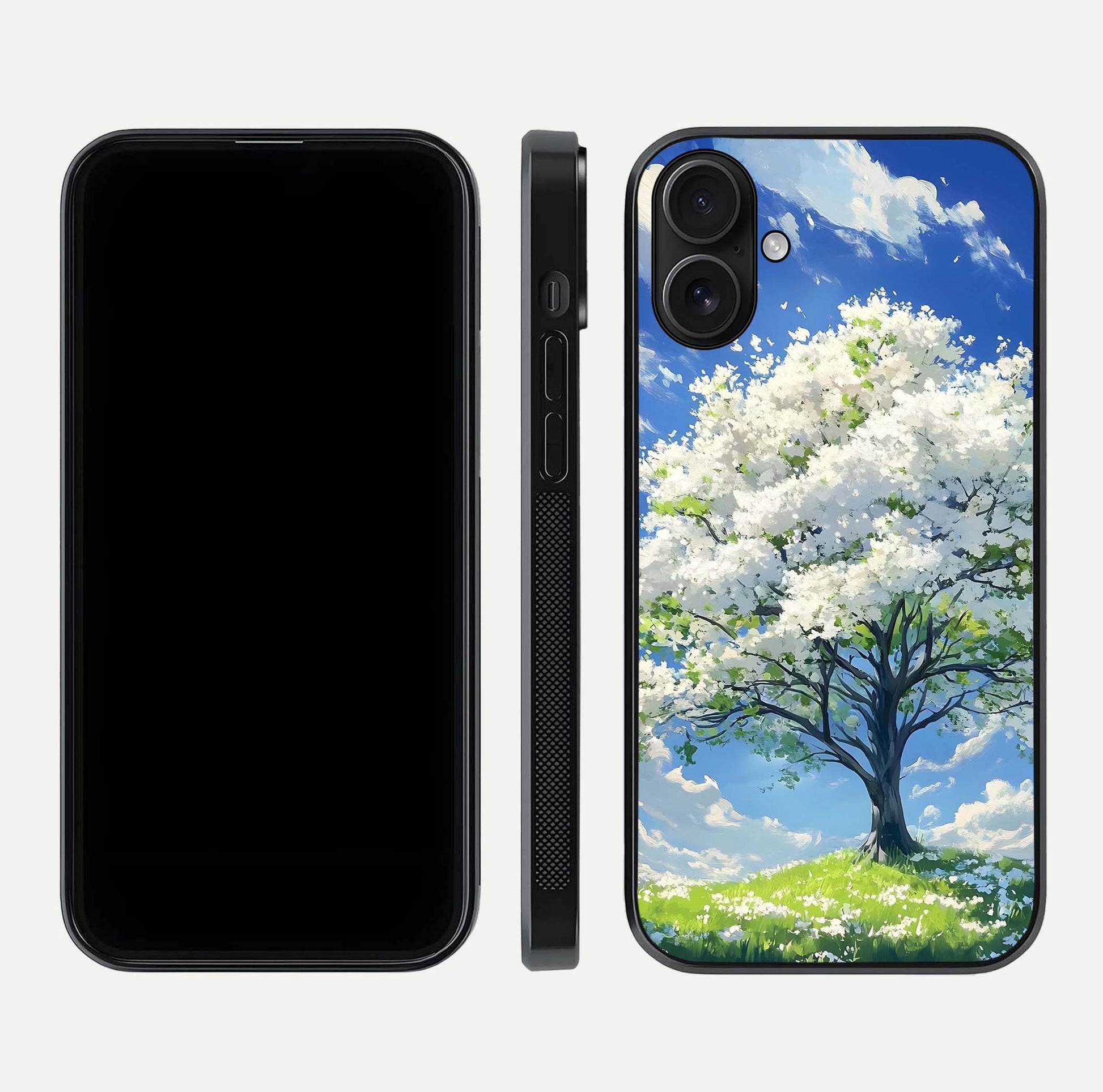 Blossom Sky Serenity Glass Case for iPhone 16 dual-view layout showing pastel hues and soft protective edges