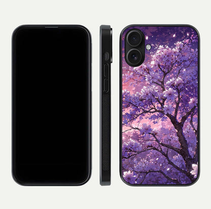 Blossom Tree Glass Case for iPhone 16 front-and-back layout showing art alignment and gloss reflection