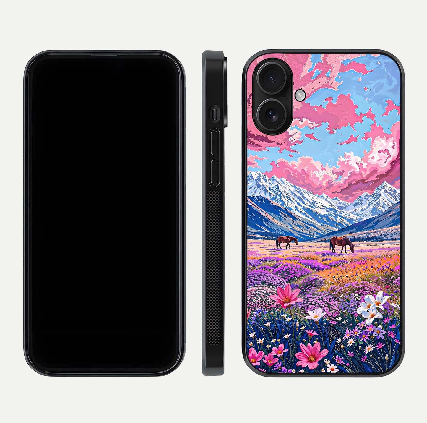Blossom Valley Dream Glass Case for iPhone 16 front-and-back layout highlighting glossy reflection and edge cut