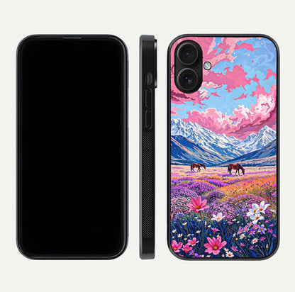 Blossom Valley Dream Glass Case for iPhone 16 front-and-back layout highlighting glossy reflection and edge cut