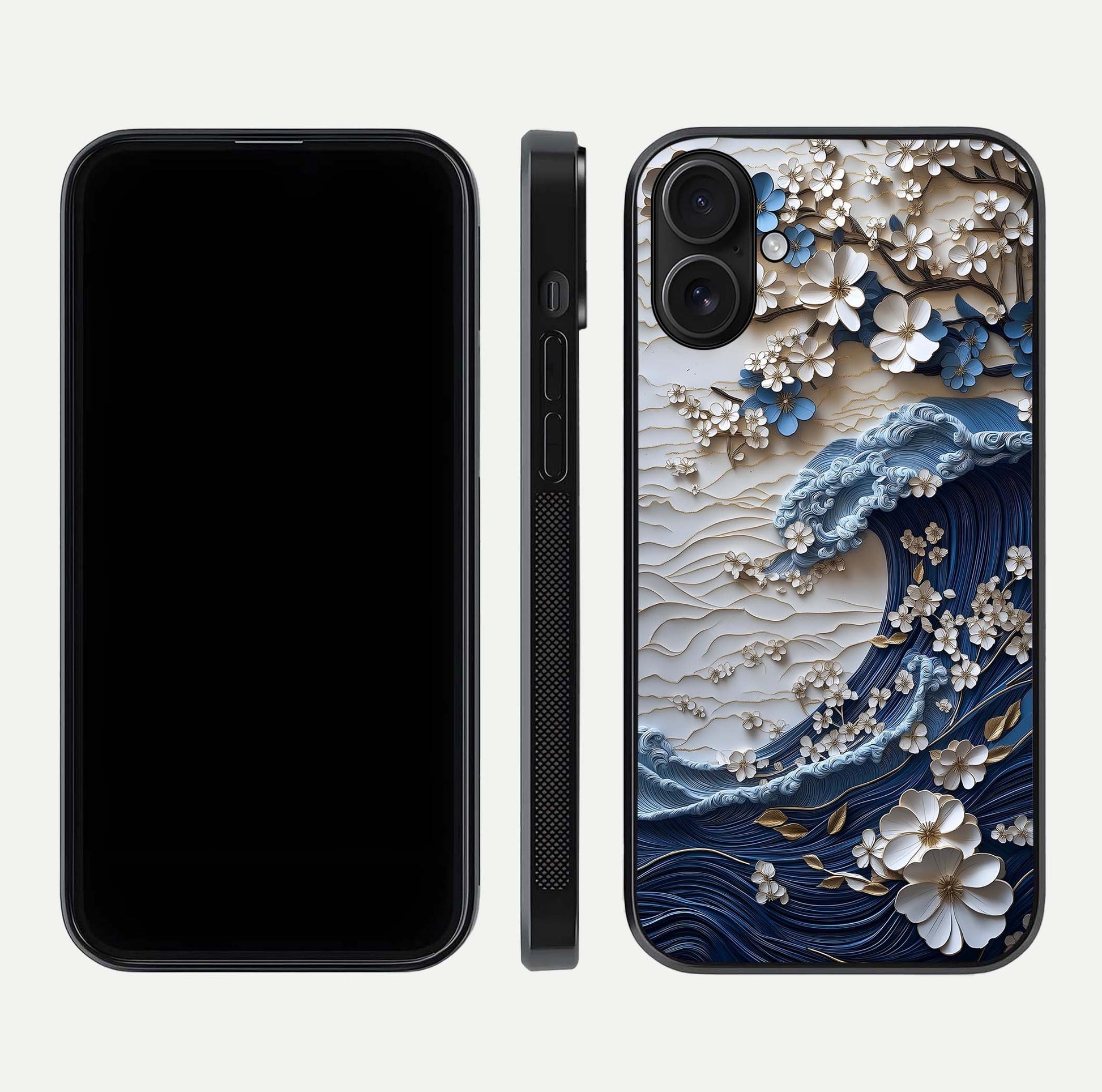 Blossom Wave Art Glass Case for iPhone 16 front-and-back layout showing curved design and glass clarity