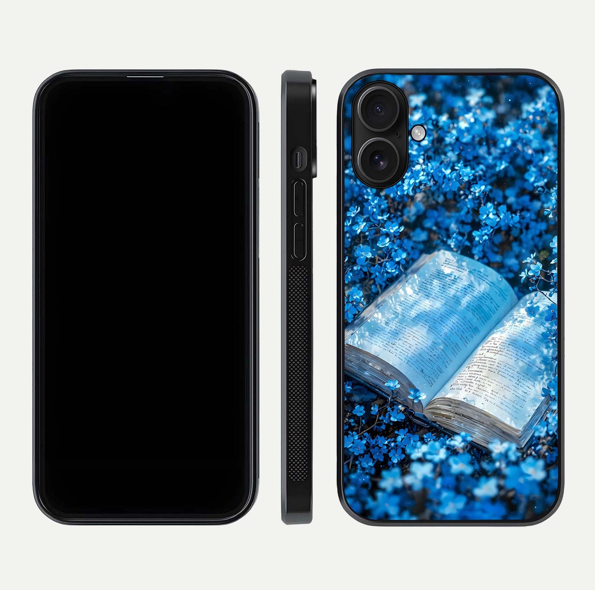 Blue Bloom Tales Glass Case for iPhone 16 dual-view layout highlighting shine, floral print, and smooth edges