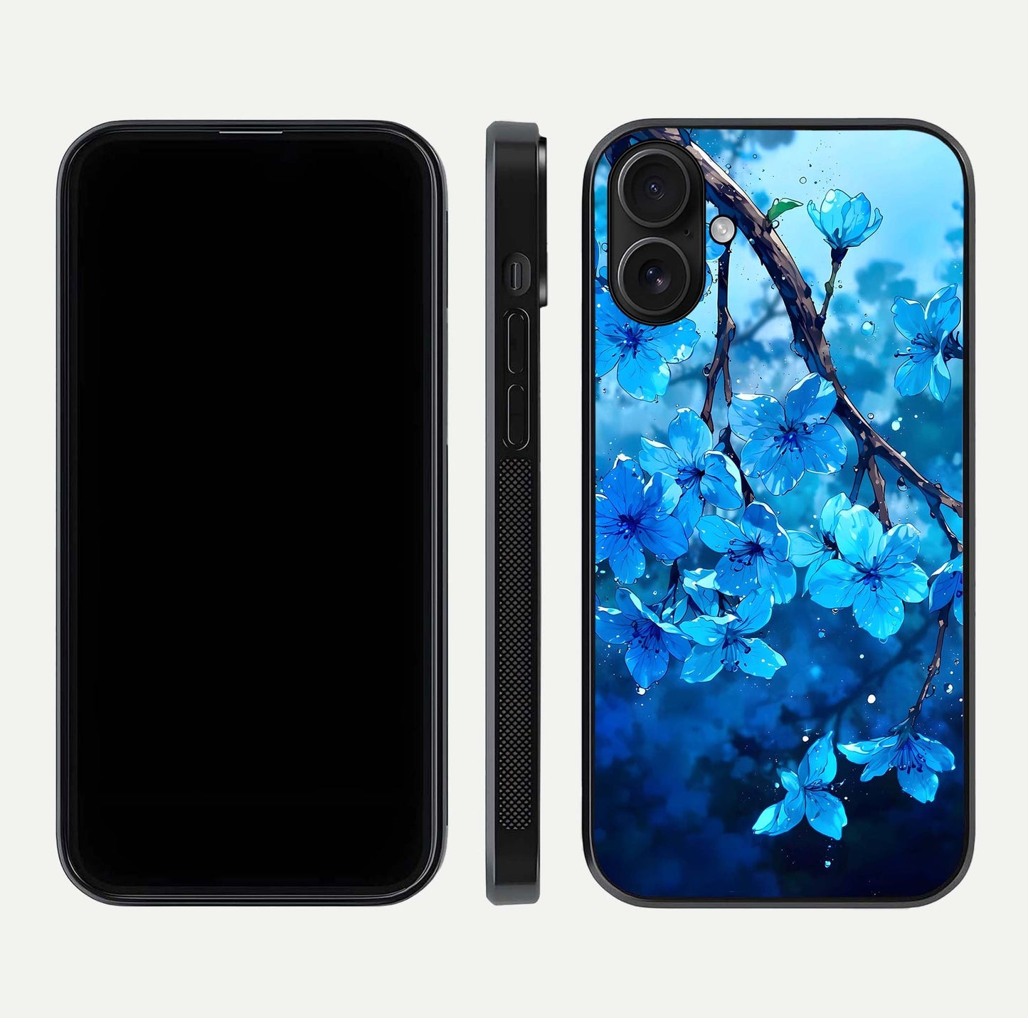 Blue Blossoms Branch Glass Case for iPhone 16 dual-view layout displaying floral art and sleek protective frame
