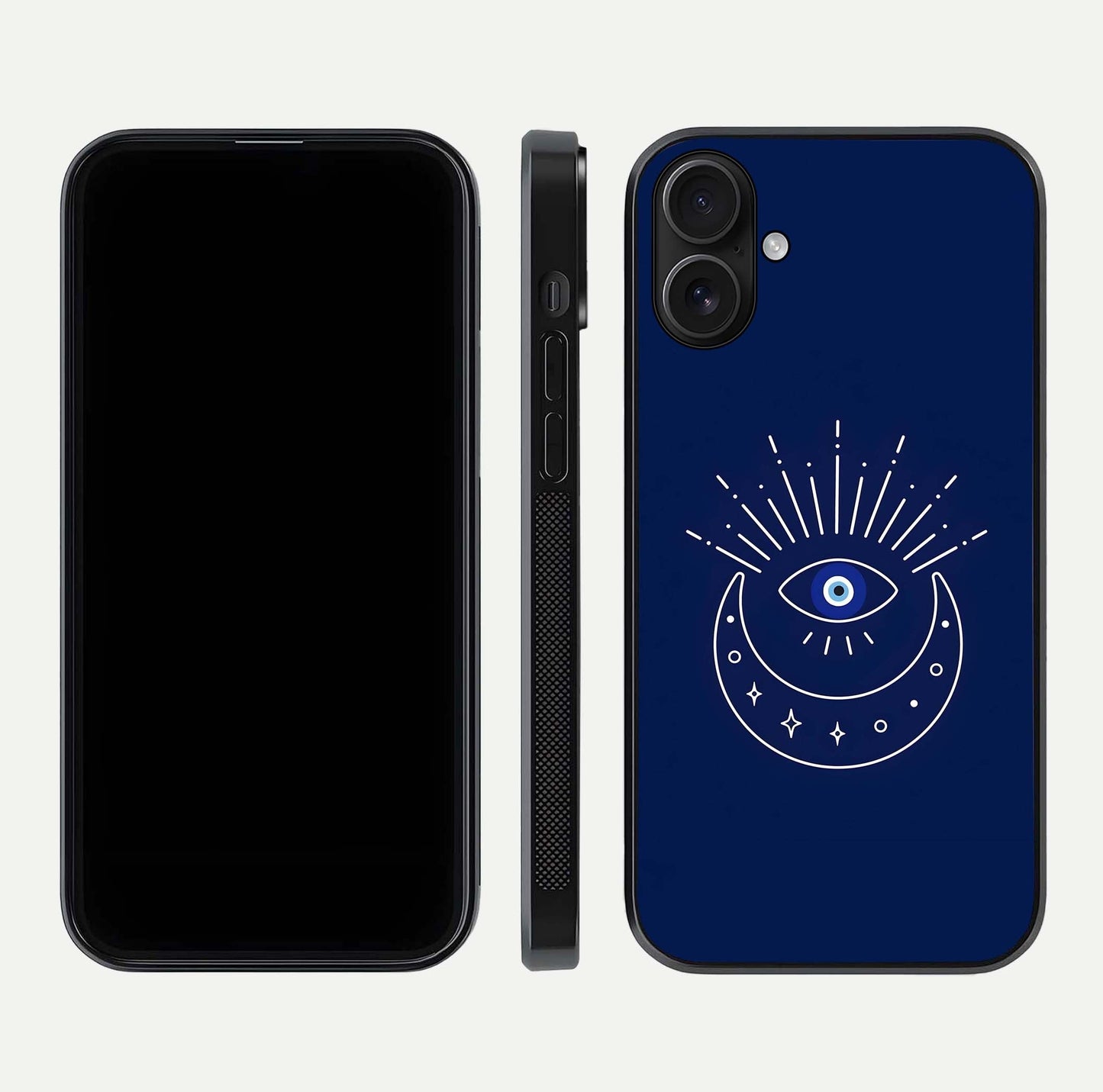 Blue Evil Eye Glass Case for iPhone 16 front-and-back layout showing blue aura design and curved-edge clarity