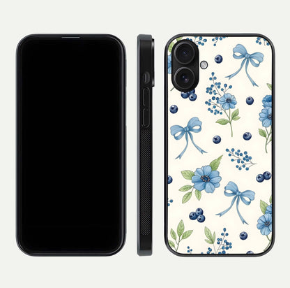 Blue Flower & Bow Glass Case for iPhone 16 dual-view layout showing balanced pattern and smooth edges
