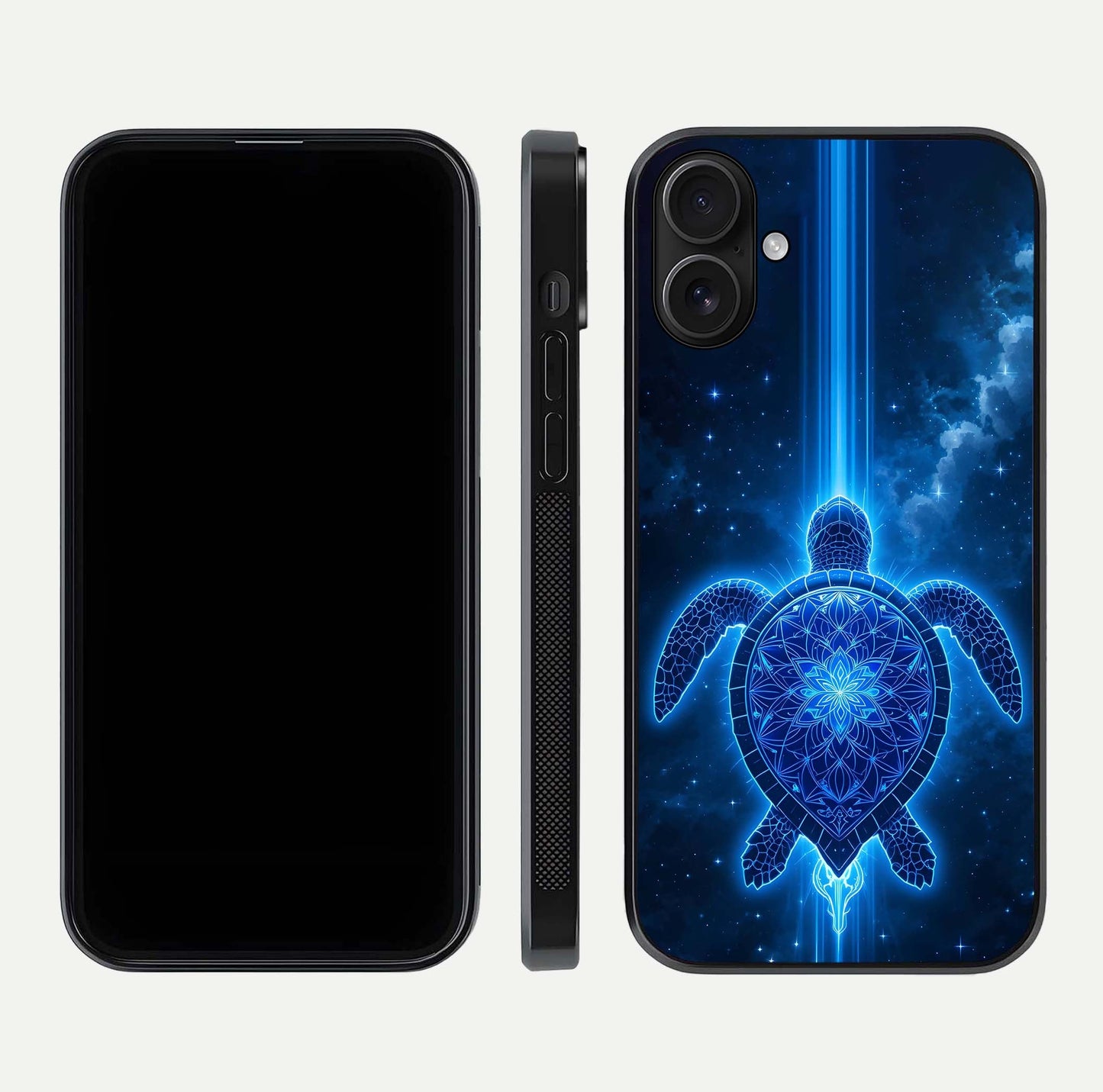 Blue Galaxy Turtle Glass Case for iPhone 16 front-and-back layout highlighting cosmic art and reflective glass