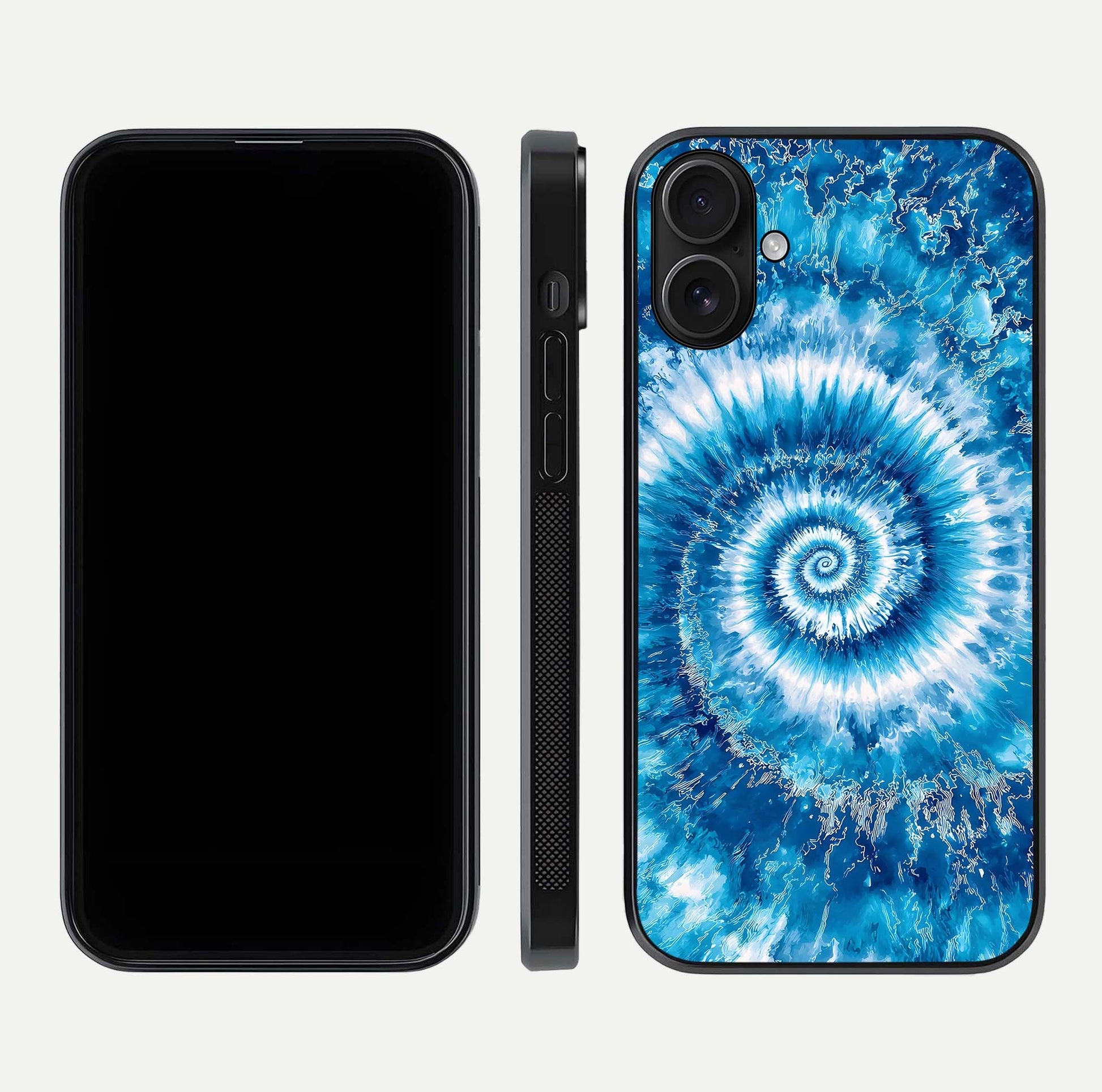 Blue Galaxy Wave Glass Case for iPhone 16 front-and-back layout showing gradient flow and shine clarity