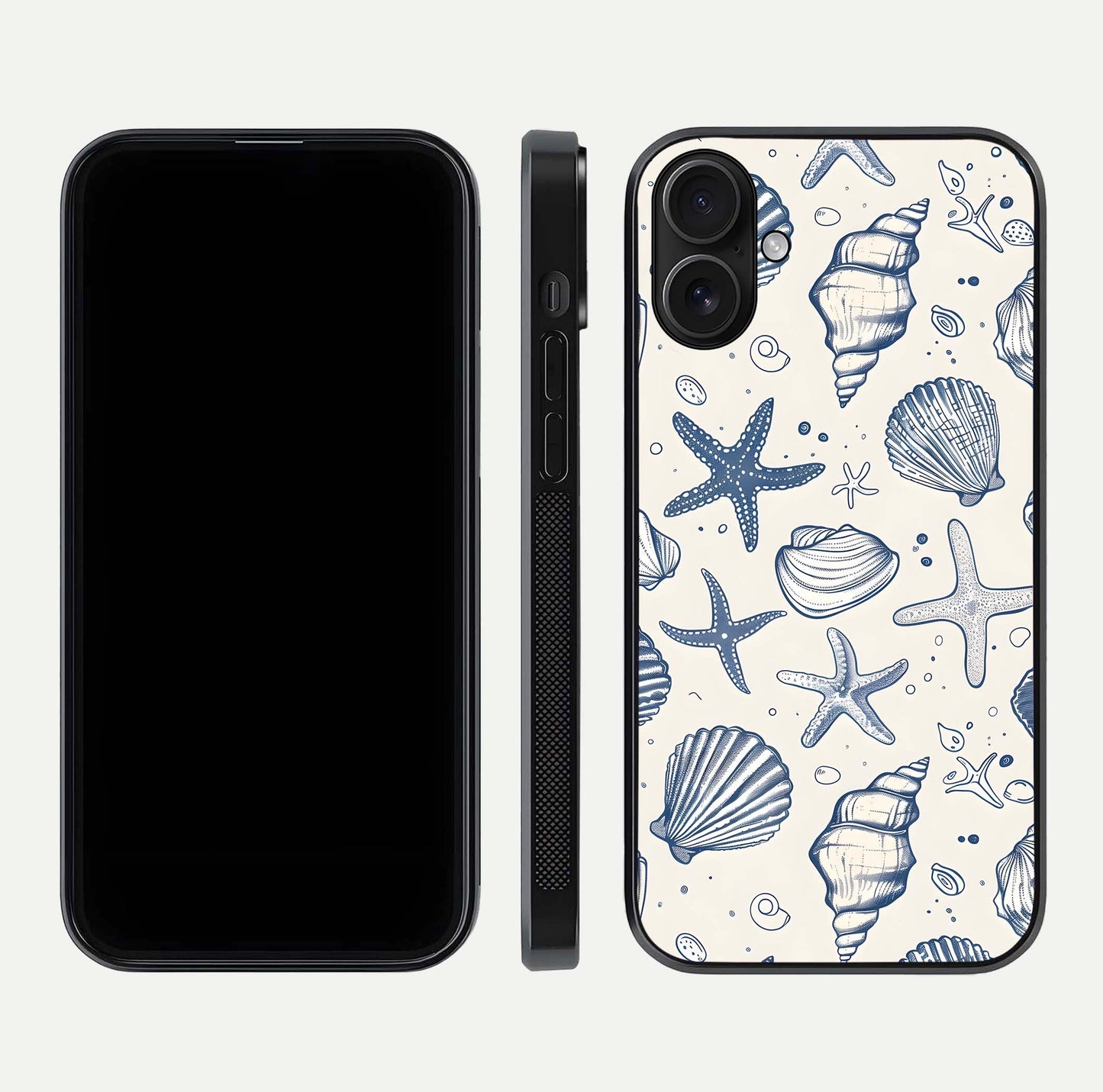 Blue Ocean Outline Glass Case for iPhone 16 front-and-back layout showing minimal wave design and HD gloss