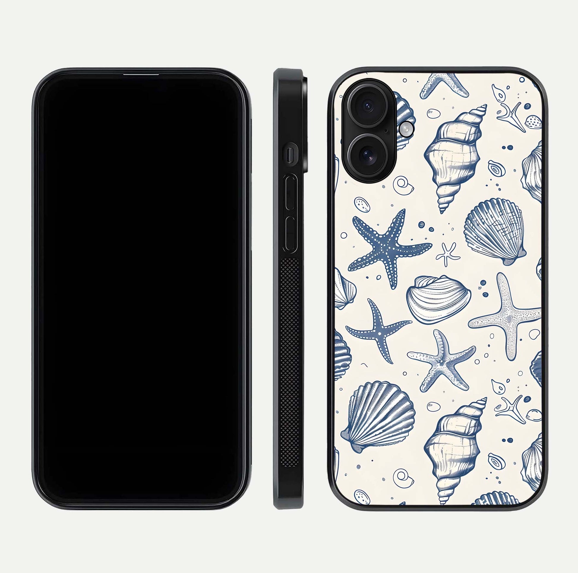 Blue Ocean Outline Glass Case for iPhone 16 front-and-back layout showing minimal wave design and HD gloss